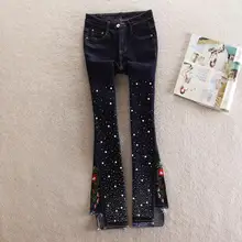 Модные женские джинсовые брюки с цветочной вышивкой новые джинсы Алмазный бисер узкие брюки клеш r371