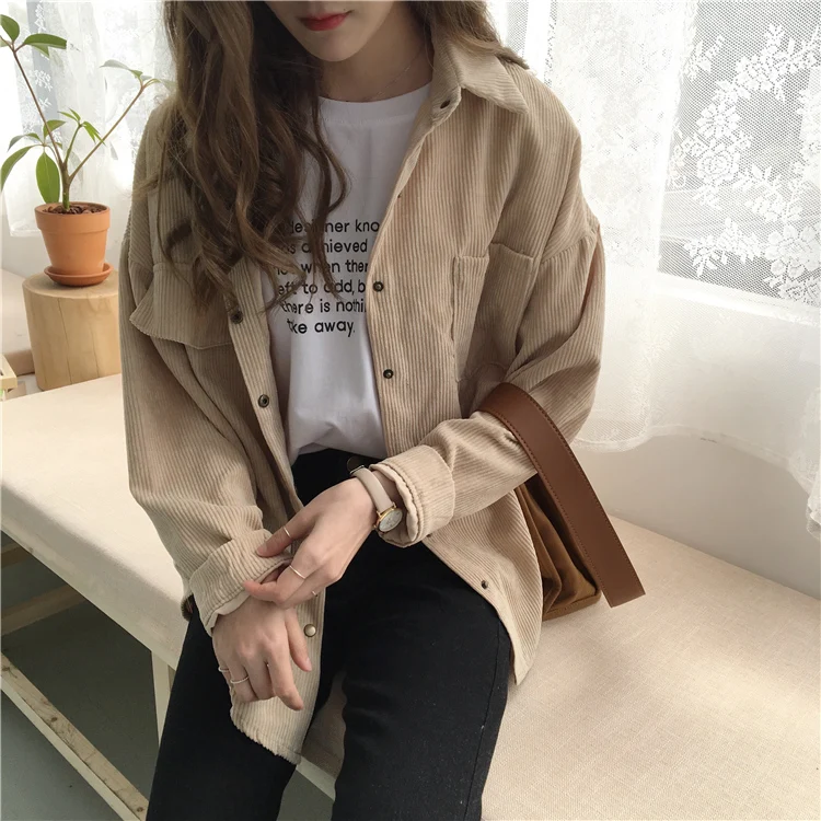2 colors spring and autumn Loose Shirts Korean Solid Blouse Long Sleeve Corduroy blouses Women Tops outwear coats C6016