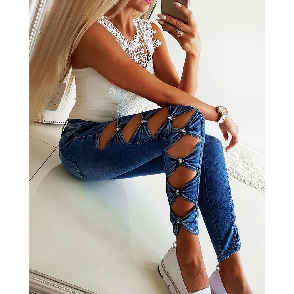 

Women Jeans Casual Hollow Out Bow High Waist Jeans modis Washed Denim Blue Slim Fit Skinny Jeans Woman Streetwear jean femme H40