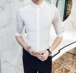 Британский стиль лето Для мужчин рубашка пикантные Кружево Лоскутная Slim Fit Tuxedo Shirt Для мужчин Половина рукава полые ночной клуб