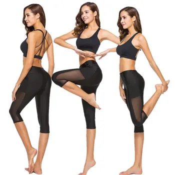 

2018 High waist Elastic women Mesh Legging pants Black sexy Fitness sporting Capri Pants with pocket Cropped trousers legging