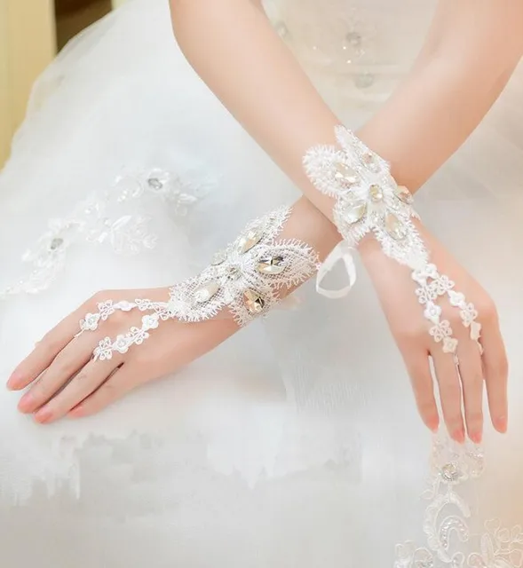 Pearls Crystals Lace Short Bridal Gloves Fingerless Wedding Pearls Crystals Lace Short Bridal Gloves Fingerless Wedding Wrist Length Up Ivory Accessories