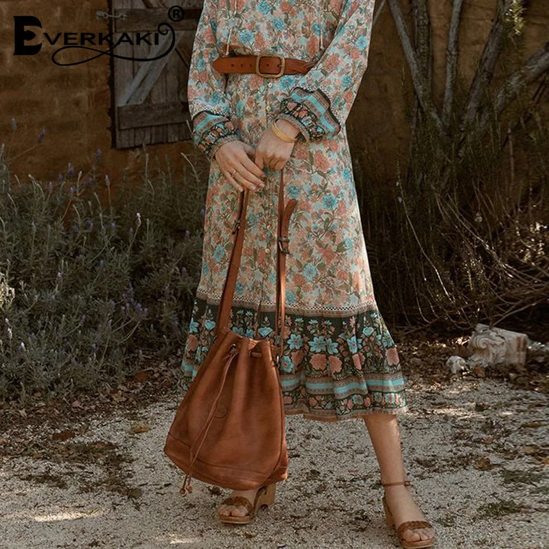 

Everkaki Cotton Boho Skirt Women Gypsy Floral Midi Skirt With Buttons High Waist Loose Bohemian Ruffles Long Skirts For Women