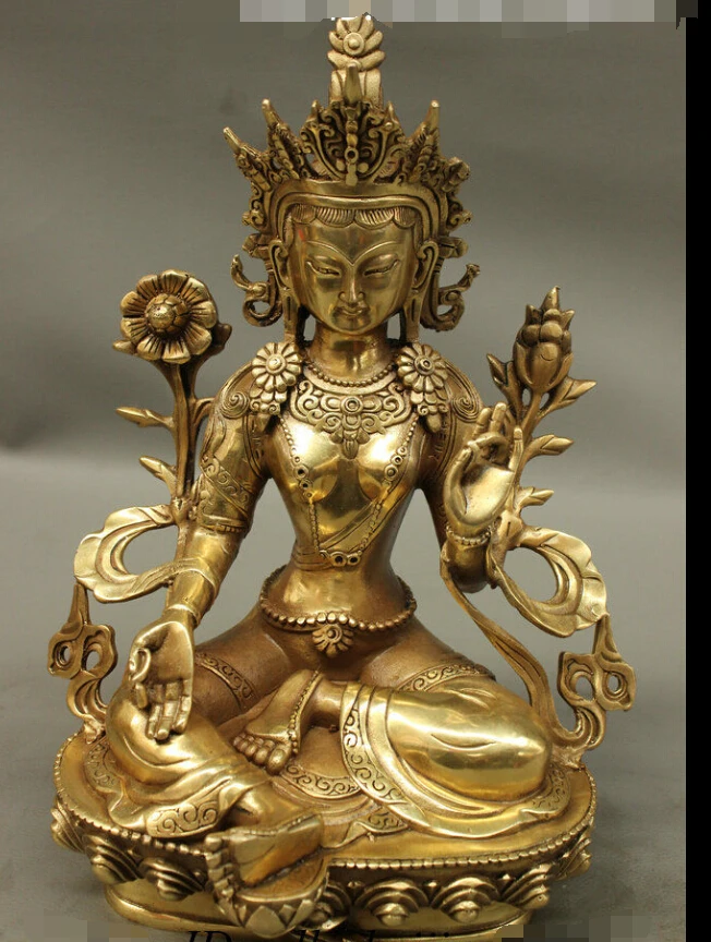 

11" Tibet Brass Buddhism Kwan-Yin Bodhisattva Green White Tara Goddess Statue