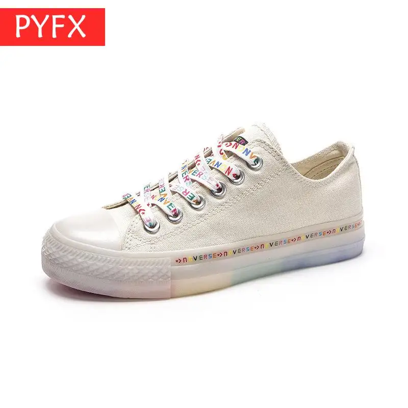 

New Style Rainbow Sail Sole Girls Lovely White Canvas Shoes Breathable Sweat Absorption Anti-skid Women's Flat Letter loafers