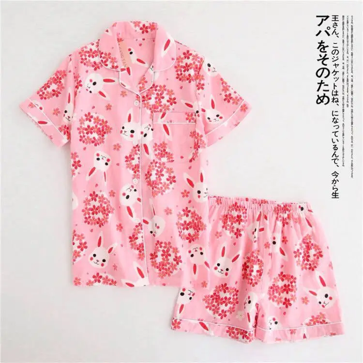 Короткая женская пижама из хлопка с коротким рукавом, женские пижамные комплекты, шорты, японская простая Милая мультяшная Пижама, Женская домашняя одежда - Цвет: DK TZ-15