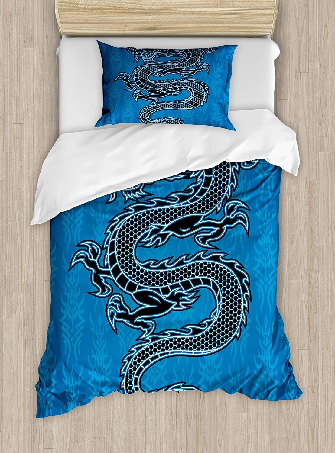 Japanese Dragon Duvet Cover Set Black Dragon on Blue Tribal Background