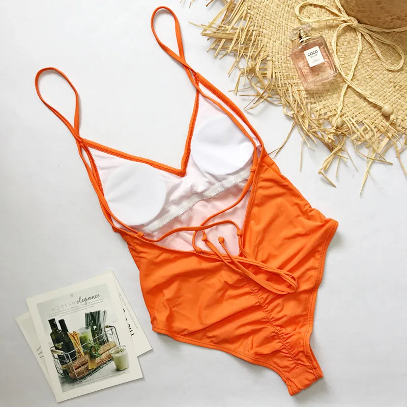 Women's Sexy Solid Bandage Swimsuit Orange Display Back