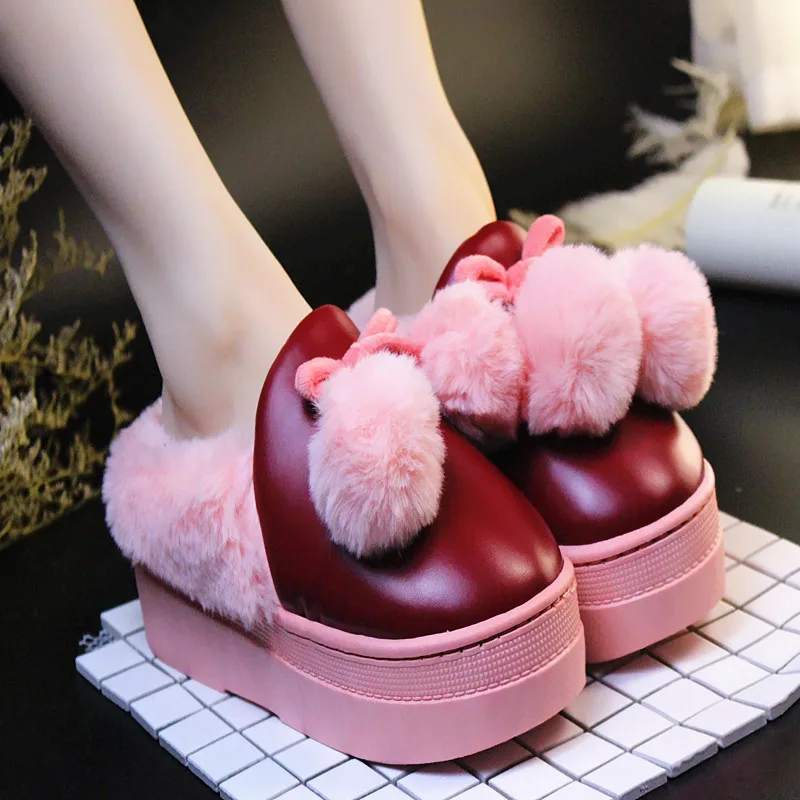 

2018 winter new PU waterproof non-slip warm cotton slippers bag with home comfortable thick-soled women's cotton shoes.