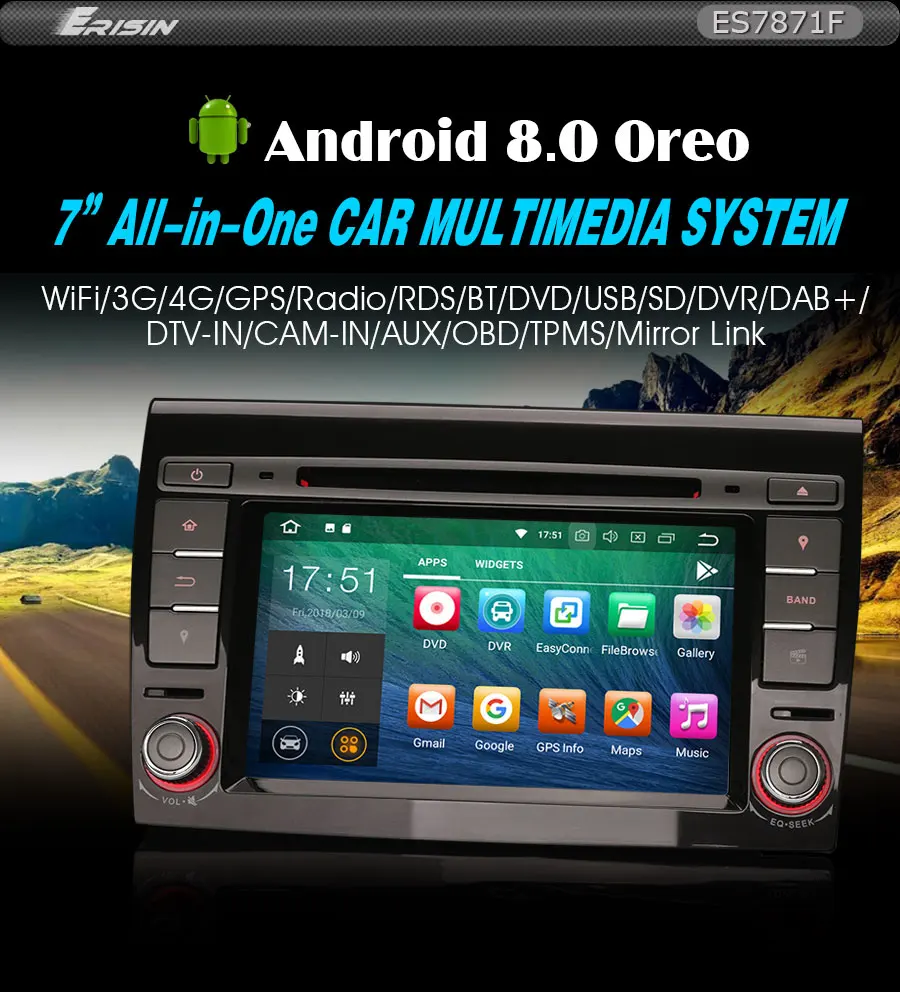 Best Erisin ES7871F 7" Android 8.0 Octa core 4G RAM Car DVD GPS Radio DVR DAB+ DVD For FIAT BRAVO 7