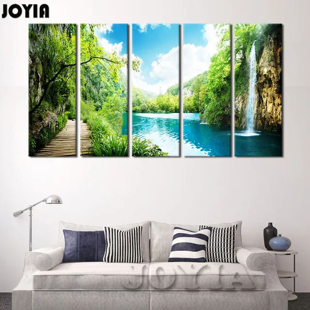 Buy Large Landscape Print 5 Panel Waterfall Painting Canvas Wall Art Green Lake