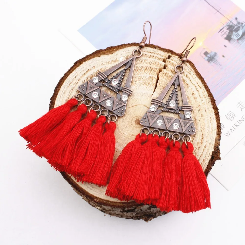 

Bohemia Vintage Dangle Drop Earrings Women Crystal Accessories triangle Cotton Handmade Tassels Fringed Earrings Ethnic Jewelry