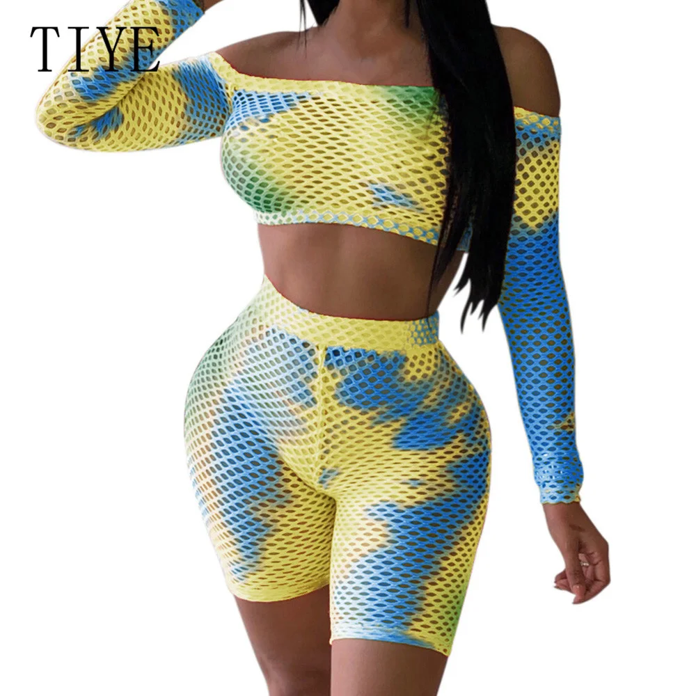 TIYE Casual Two Pieces Sets Crop Top and Slim Pants Sexy Off Shoulder Long Sleeve Grid Playsuits New Fashion Tie-dyed Jumpsuits TIYE Casual Two Pieces Sets Crop Top and Slim Pants Sexy Off Shoulder Long Sleeve Grid Playsuits New Fashion Tie-dyed Jumpsuits