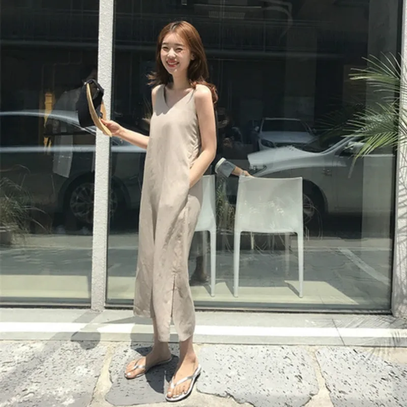 

Women Summer Long Tank Dress V-neck Sleeveless Straight Vestidos Split Elegant Robe Femme Sukienki Ladies Clothes Jurken
