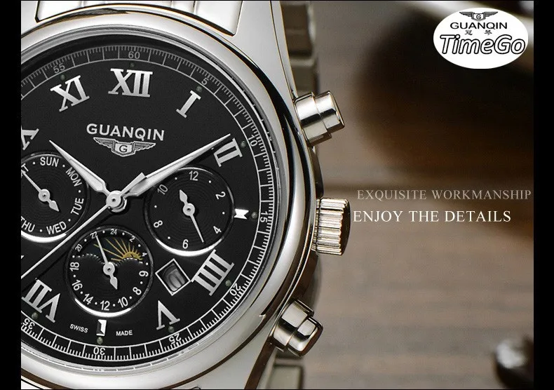 Мужские часы от роскошного бренда GUANQIN, мужские часы с полностью стальным браслетом, водонепроницаемые светящиеся повседневные кварцевые спортивные мужские часы, наручные часы