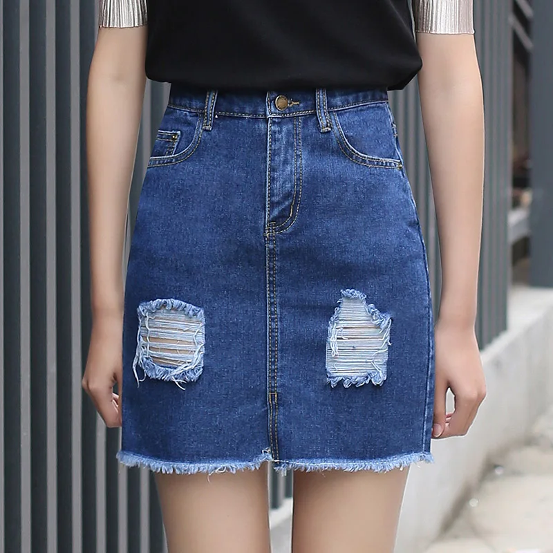 Yichaoyiliang 2018 Summer Ripped Denim Skirts School High Waist A line