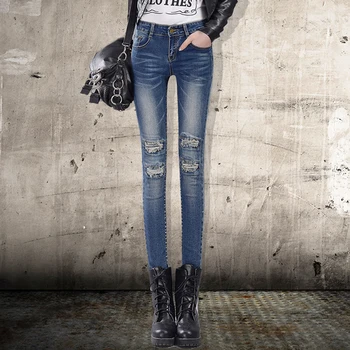 

Nonis New Arrival High Stretch Women Slim Jeans Autumn pencil pants fit skinny trousers Boyfriend Hole Ripped Femme Pantalon