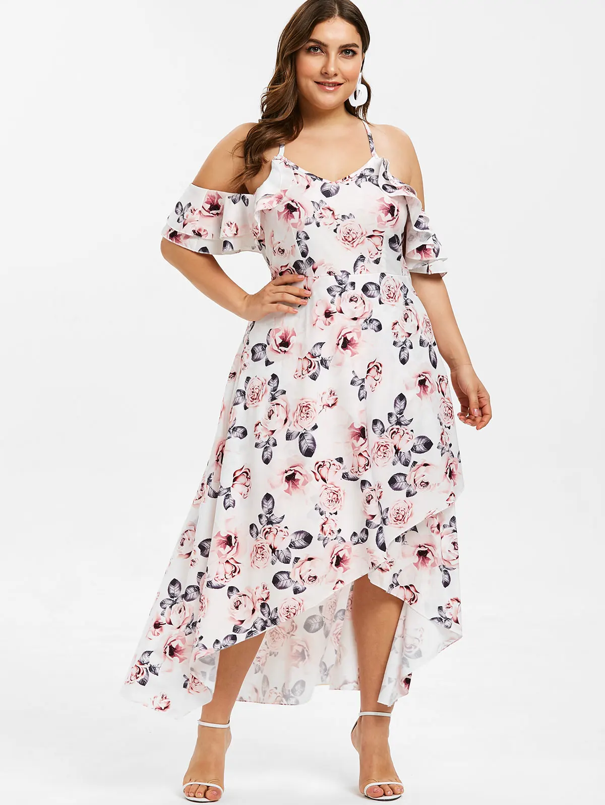 Wipalo Plus Size Floral Print Asymmetrical Dress Ruffle Trim Bohemia High  Low Summer Dress Women Spaghetti Strap Dress Vestidos|Dresses| - AliExpress