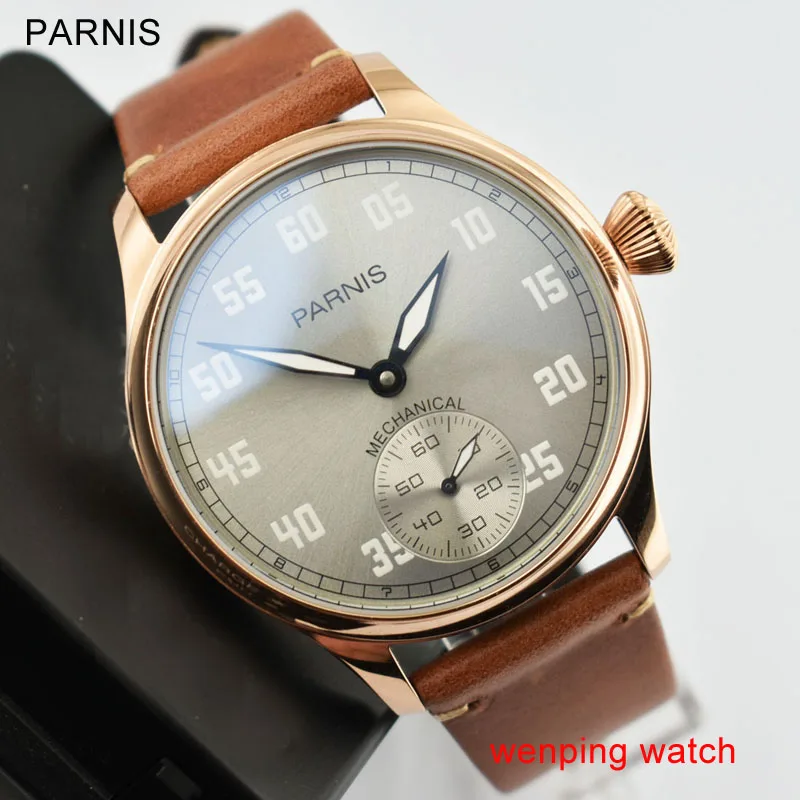 

44mm PARNIS gray dial Cow Leather strap Steel Case Asia 6498 Hand Winding Movement Mens Watch