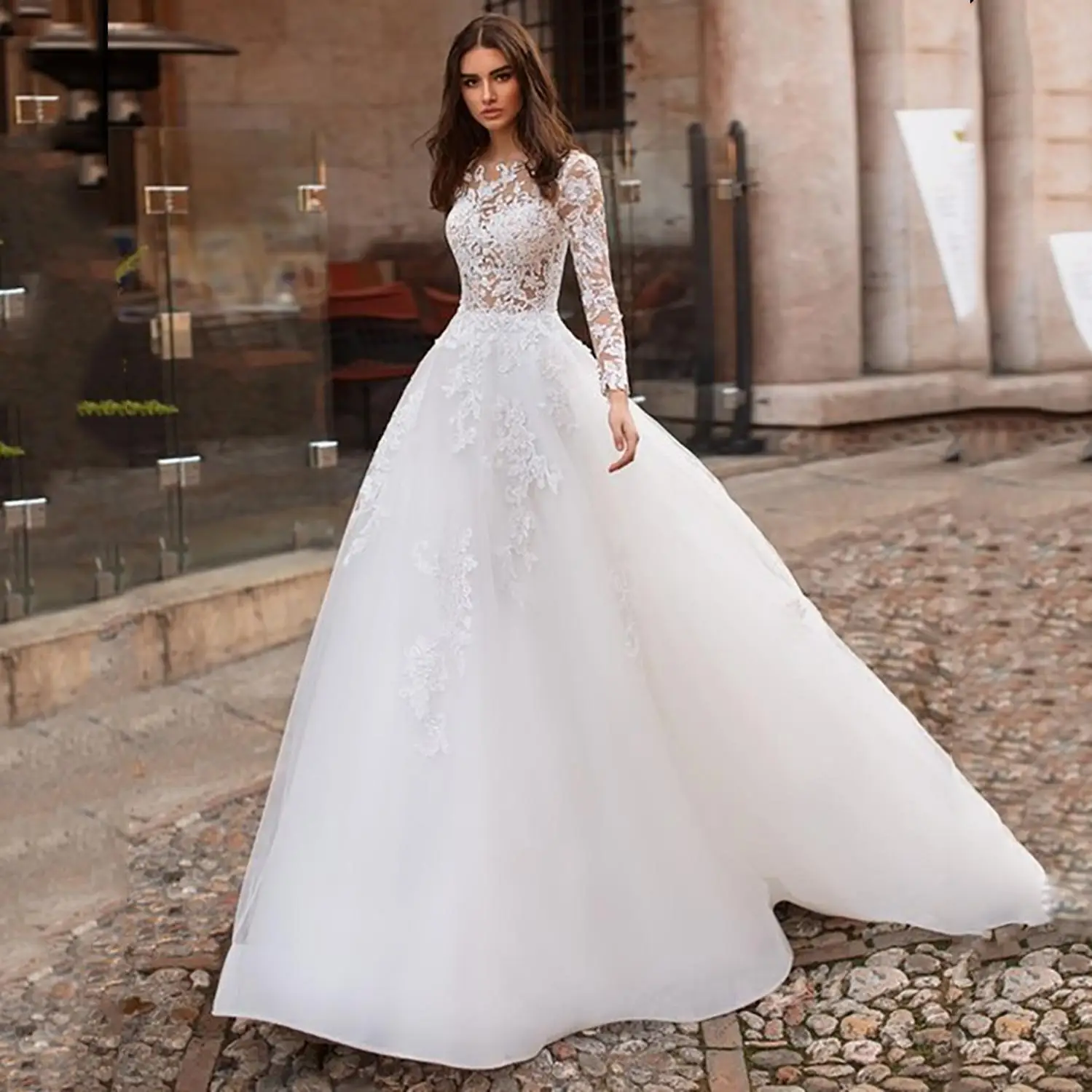 

Illusion Long Sleeves Wedding Dress 2019 Vestidos de novia Lace Appliqued A Line Bridal Gown Buttons Back Wedding Gowns
