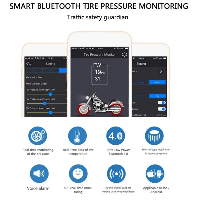 TP200 мотоцикл Bluetooth система мониторинга давления в шинах TPMS мобильный телефон приложение обнаружения 2 внешних датчика