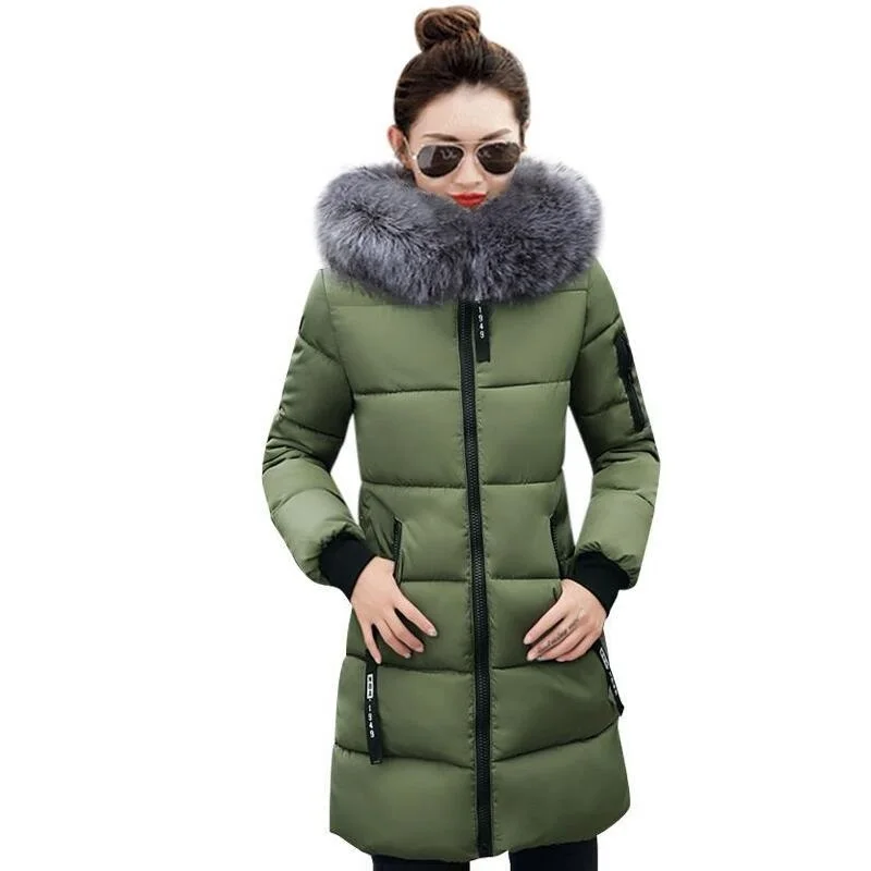 Зимняя женская куртка, средней длины, с хлопковой подкладкой, куртки с большим меховым капюшоном, с воротником, парки, утолщенное теплое зимнее пальто, женские парки