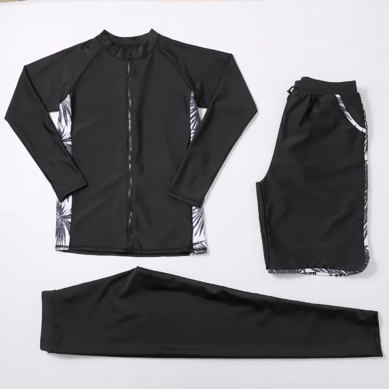 

New Summer Surf Style Swimwear Men's Three Pieces Couple Swimsuit Zipper Long Sleevs Rash Guards Box Pants Tankini Set Suit New