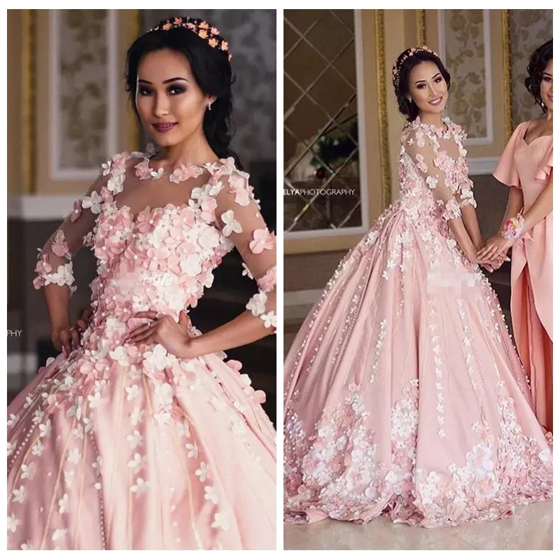 

2019 Sheer Quarter Sleeves A-Line Wedding Dresses With 3D Flowers Adorned Bridal Gowns Modest Long Vestidos De Mariee Cheap