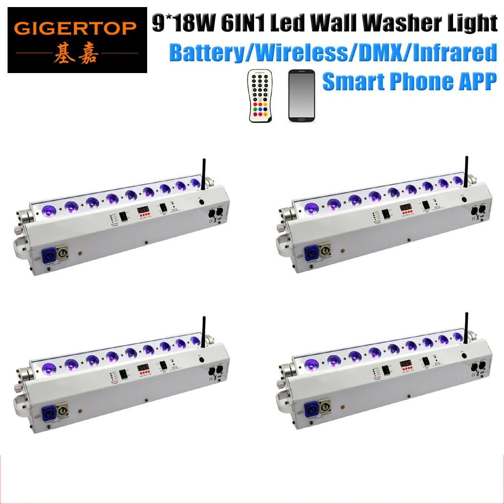 Freeshipping 4 Pack Led moving Bar DJ Lighting Equipment 6IN1 Leds 9*18W RGBWA UV Backdrop Stage Design 2.4G Wireless Antenna