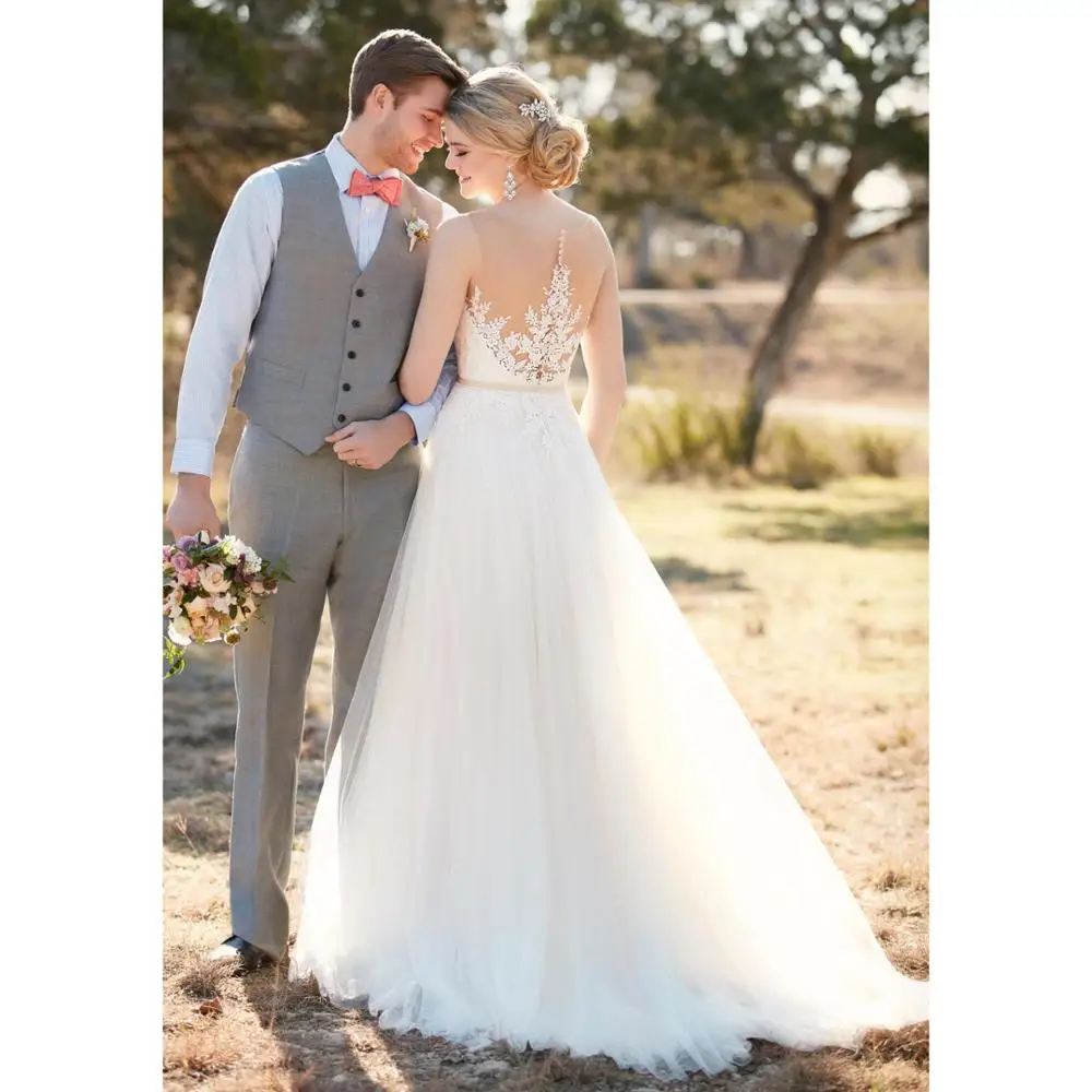 

White Ivory Tulle A Line Wedding Dress Sheer Scoop Lace Top Illusion Back Casual Beach Bridal Gown
