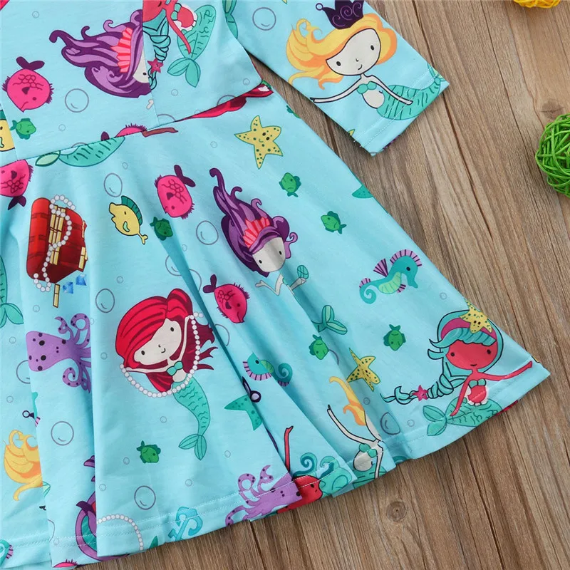 Pudcoco/осенние платья для маленьких девочек Повседневное платье принцессы с длинными рукавами и рисунком для маленьких девочек голубое От 6 месяцев до 4 лет