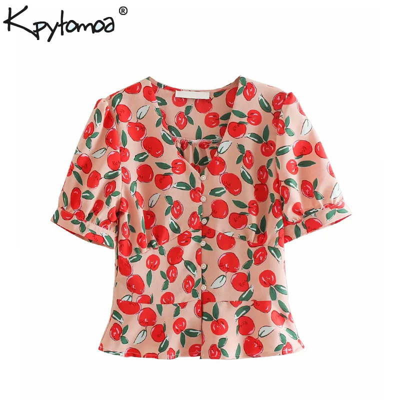 

Vintage Stylish Apple Pattern Buttons Tops Women Blouses 2019 Fashion V Neck Short Sleeve Ladies Blouses Casual Blusas Mujer