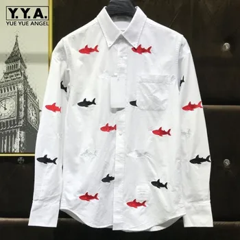 

Fashion Spring New Long Sleeve Mens Shark Printed Casual Shirts Office Party Man Tops Tees Cotton Breathable Solid Shirt