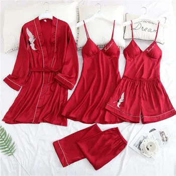 

Women Pajamas 5 Pieces Satin Sleepwear Pijama Silk Home Clothing Red-crowned crane Embroidery Sleep Lounge Pyjama with Chest Pad