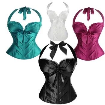 

Black/Red/White Lace Bow Corset Top Sexy Push Up Bustier Halter Satin Burlesque Corsets Slimming Waist Shaper Lace Up Korset