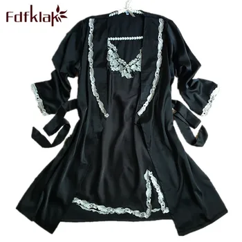 

Fdfklak Women Sexy Lace Silk Robe & Gown Set Sleep Dress+Bathrobe Two Piece 3 Color Robe Sleepwear Nightwear Lingerie Set Q754