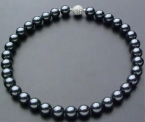 

10mm Black South Sea Shell Pearl Necklace 18" Crystal magnet clasp>bead charm body jewelry charm jewelry