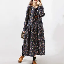 2019 nuevos vestidos de mujer Otoño Invierno Vintage estampado Casual manga larga Retro algodón Maxi túnica Floral vestido de talla grande(China)