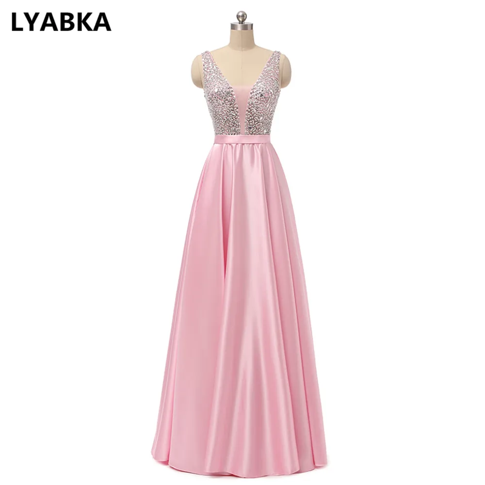 Вечернее платье с v-образным вырезом, Элегантное Атласное Вечернее платье с блестками, длинное платье, светоотражающее платье, vestido De festa - Цвет: light pink