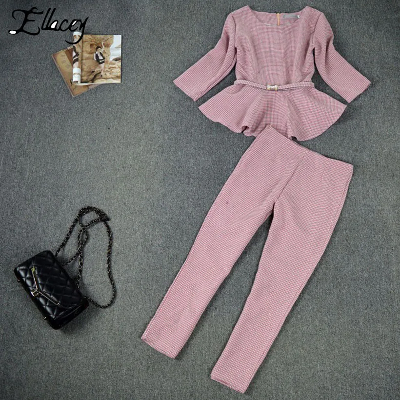 Ellacey 2018 Spring Autumn Houndstooth Women's Business Pants Suits Checker Plaid Ruffles Suits For Women 2 Pieces Set Female