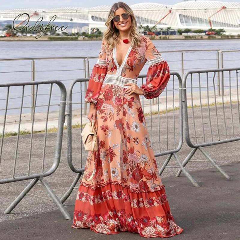 

Ordifree 2019 Summer Boho Women Floral Maxi Dress Long Sleeve Vintage Lace Crochet Flower Print Long Tunic Beach Dress