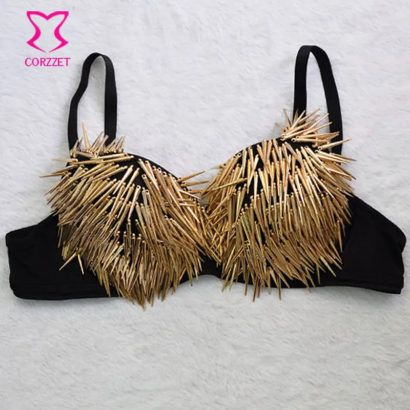 Punk Rave Metallic Gold Spiked Bra Push Up Stud Bras For Women
