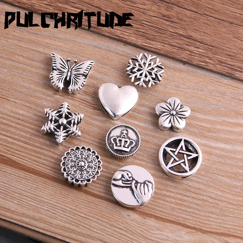 

PULCHRITUDE 10PCS Mix Sizes 9 Styles Leather Beads Antique Silver Blank Cabochon Setting Diy Bracelets Making Supplies P6570