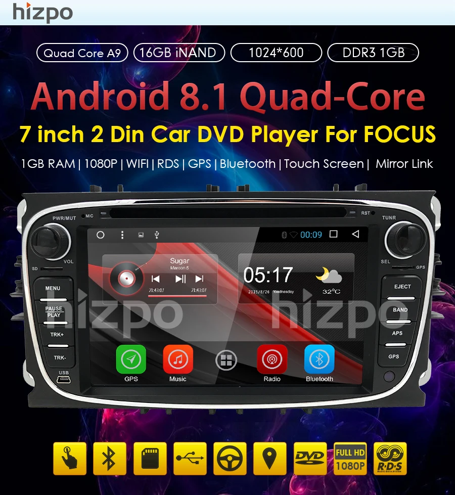 Excellent Hizpo 4 core Android 8.1 Car DVD Player 2Din radio GPS Navi for Ford Focus Mondeo Kuga C-MAX S-MAX Galaxy Audio Stereo Head Unit 1