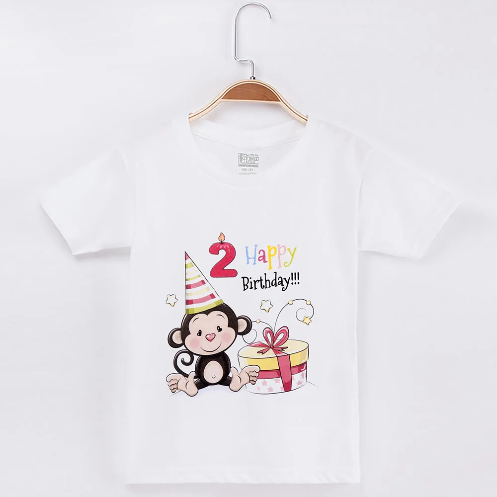 Футболка с обезьяной Kawaii одежда на день рождения для мальчиков; хлопок; комплект детской одежды с героями мультфильмов; топы для маленьких девочек; брендовые Детские рубашки - Цвет: White 2Y