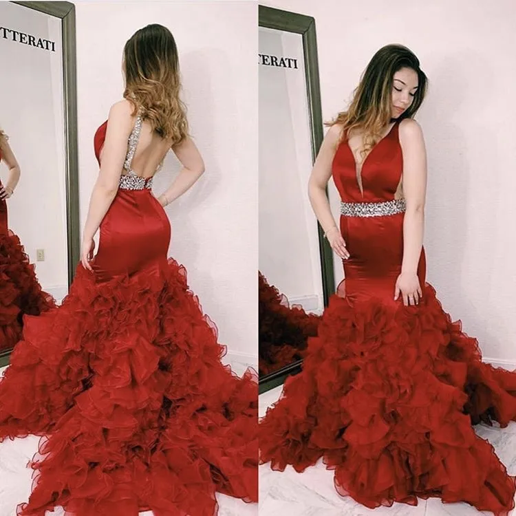 

Cinderella Dark Red V-Neck Sleeveless Silk Satin Shining Crystal Beading Backless Evening Dresses vestidos de fiesta de noche