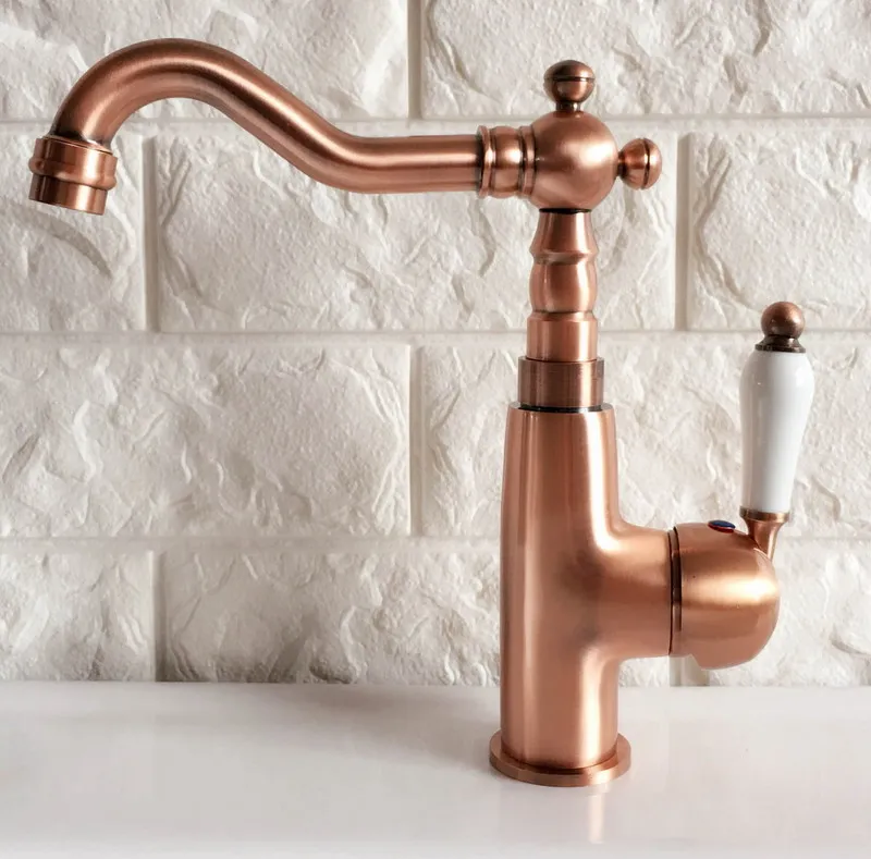 Antique Red Copper Brass Bathroom Kitchen Basin Sink Faucet Mixer Tap Swivel Spout Single Handle One Hole Deck Mounted mnf409