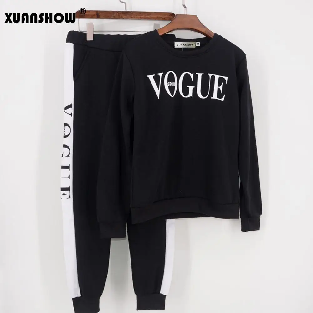 XUANSHOW спортивный костюм женский Осень зима Женский костюм VOGUE Письмо напечатано 0-образный вырез Толстовка+ пэчворк с длинными штанами 2 предмета - Цвет: Black
