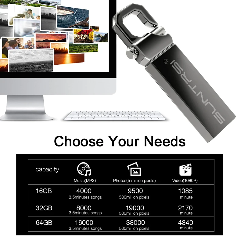 Металлический USB флеш-накопитель Suntrsi, 64 ГБ, флеш-накопитель из нержавеющей стали, водонепроницаемый высокоскоростной флеш-накопитель, 4 ГБ, 8 ГБ, 16 ГБ, 32 ГБ, USB флеш-накопитель
