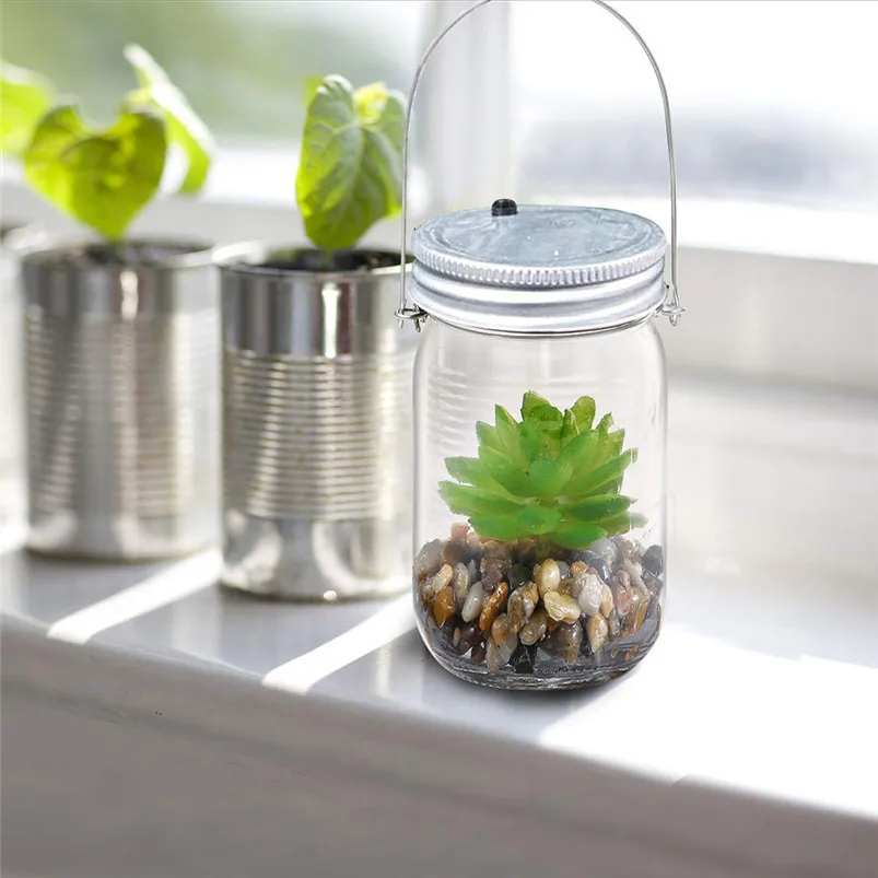Artificial Succulents Solar Light Mason Jar Lights Bottle Nightlight Patio Outdoor Night Lamp Luces Led Decoracion 40JUL0112